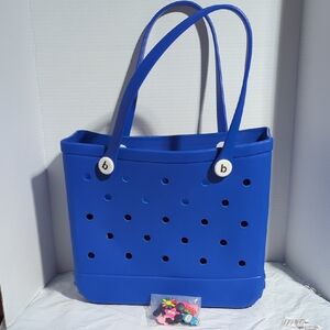 Vibrant Blue Tote Bag with Decorative Charms